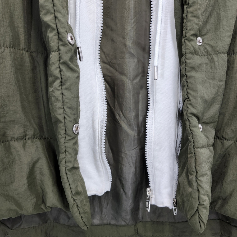 Blank NYC Fair Shake Olive Green Puffer Jacket White Cotton Removeable Hoodie - Picture 11 of 14